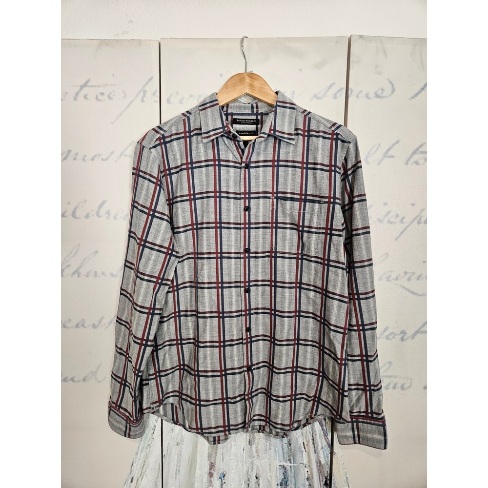 Banana Republic Luxe Flannel Shirt‎ M Gray Plaid Camden Fit Cotton Button Down